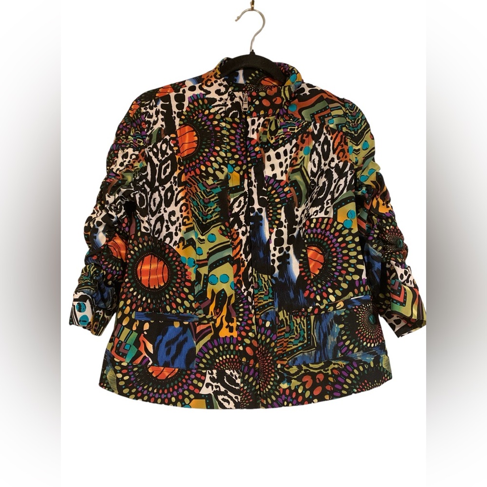Erin London Womens Jacket Tribal Abstract Black Multi Zip 3/4 Sleeve Sz PM 8/10